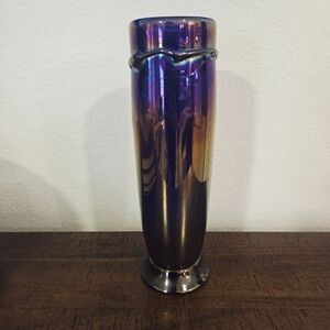 Unique Signed Studio Purple Art Glass Vase Iridescent Rainbow Trailed Decoration